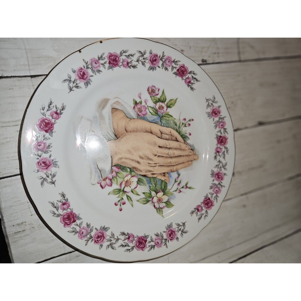 Vintage Praying Hands Christian Collector Plate. Rose Border. Japan 9"